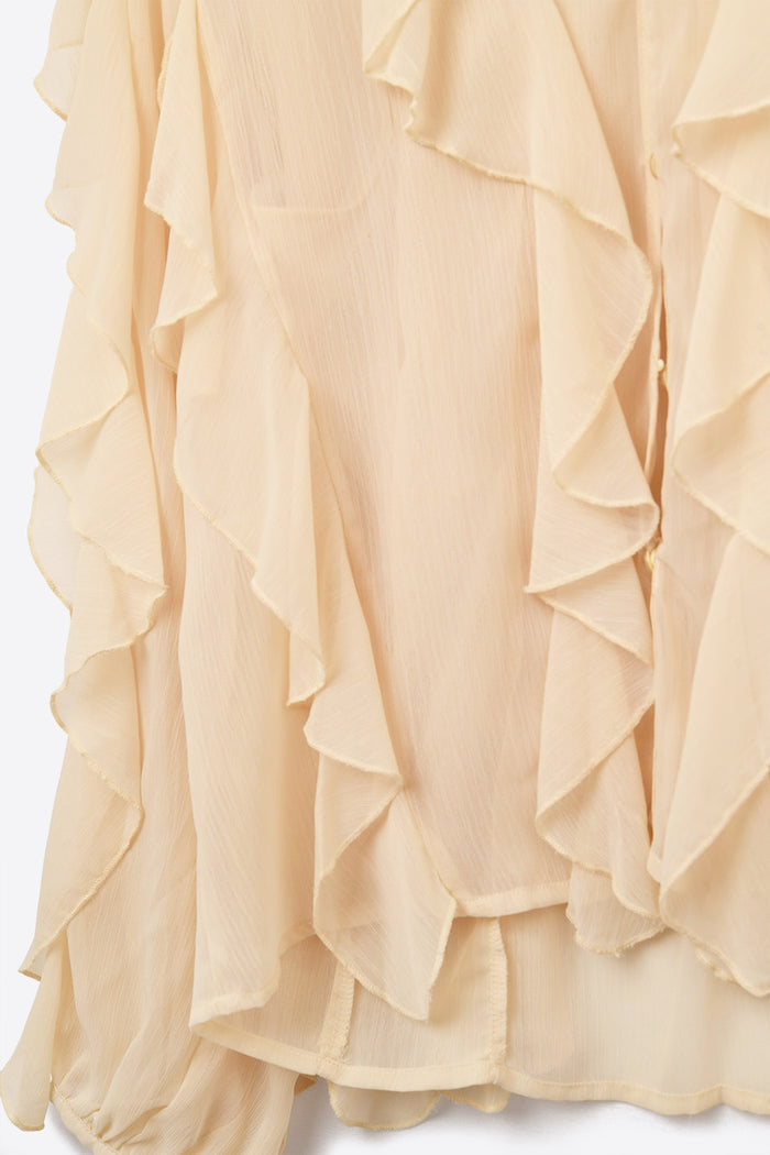 Beige V-Neck All Over Ruffle Blouse
