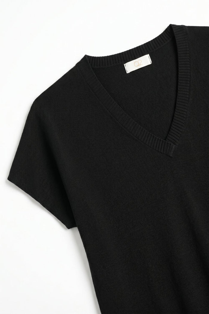 Black Fine Knit V-Neck Sweater with Short Sleeves