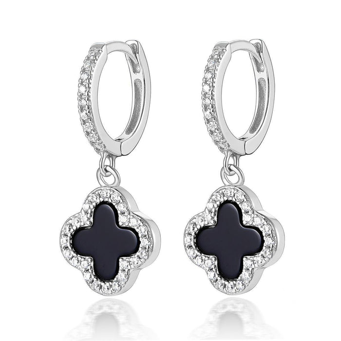 BLACK ONYX DIAMANTE CLOVER HUGGIE HOOP EARRINGS - camillaboutiqueshop