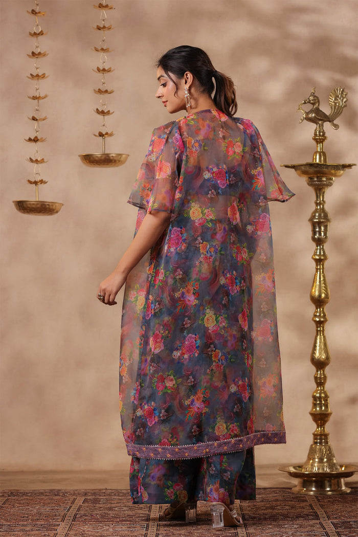Bluish Grey Organza Floral Printed Indo-Western Co-Ord Set