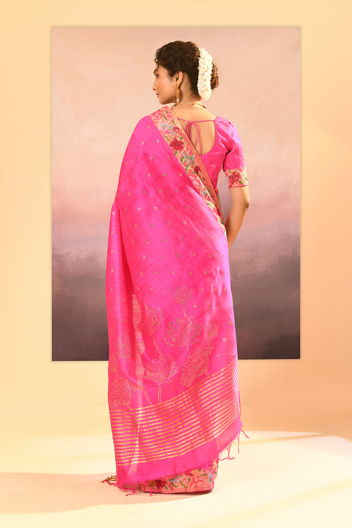 Bright Pink Dupion Silk Foil Printed Saree