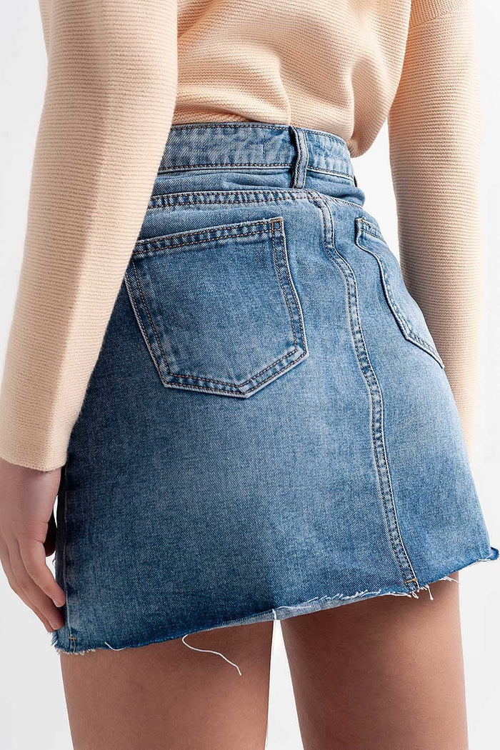 Distressed hem denim mini skirt