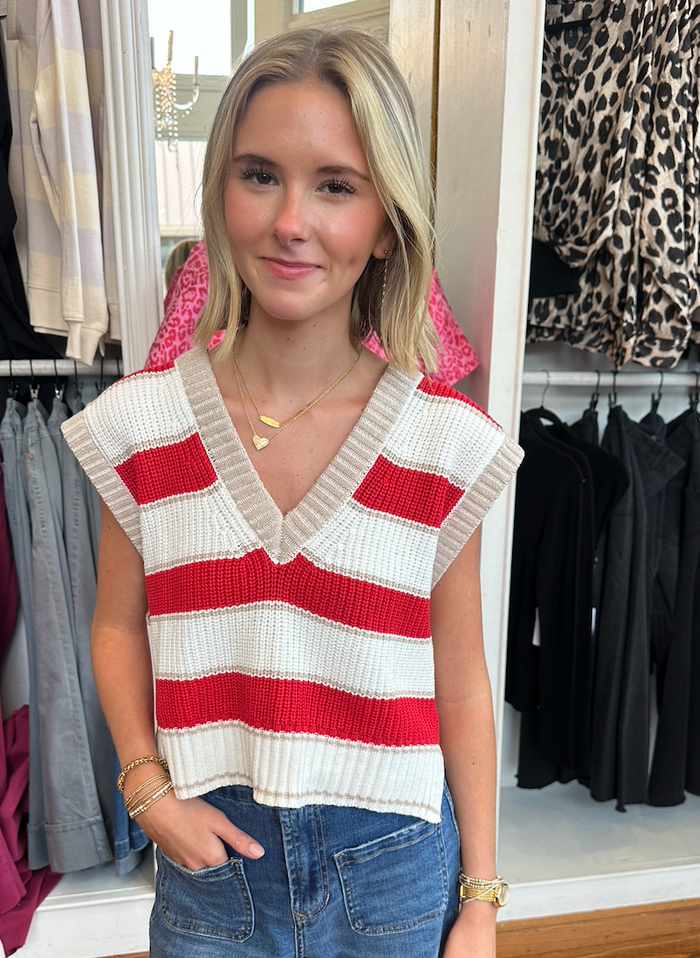 ELAN Deep V Sweater Vest - RED AND WHITE