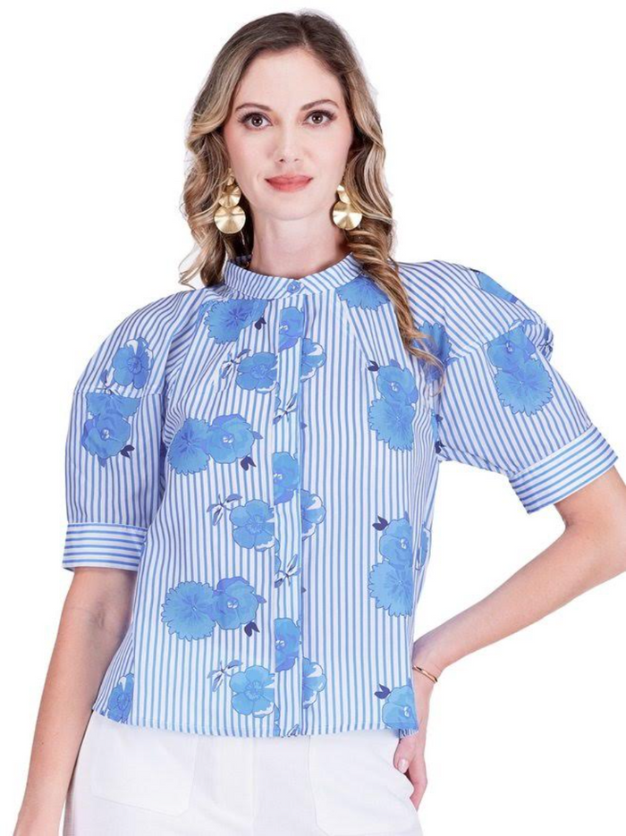 Jade- Lantern Sleeve Shirt- Bluebell Stripe