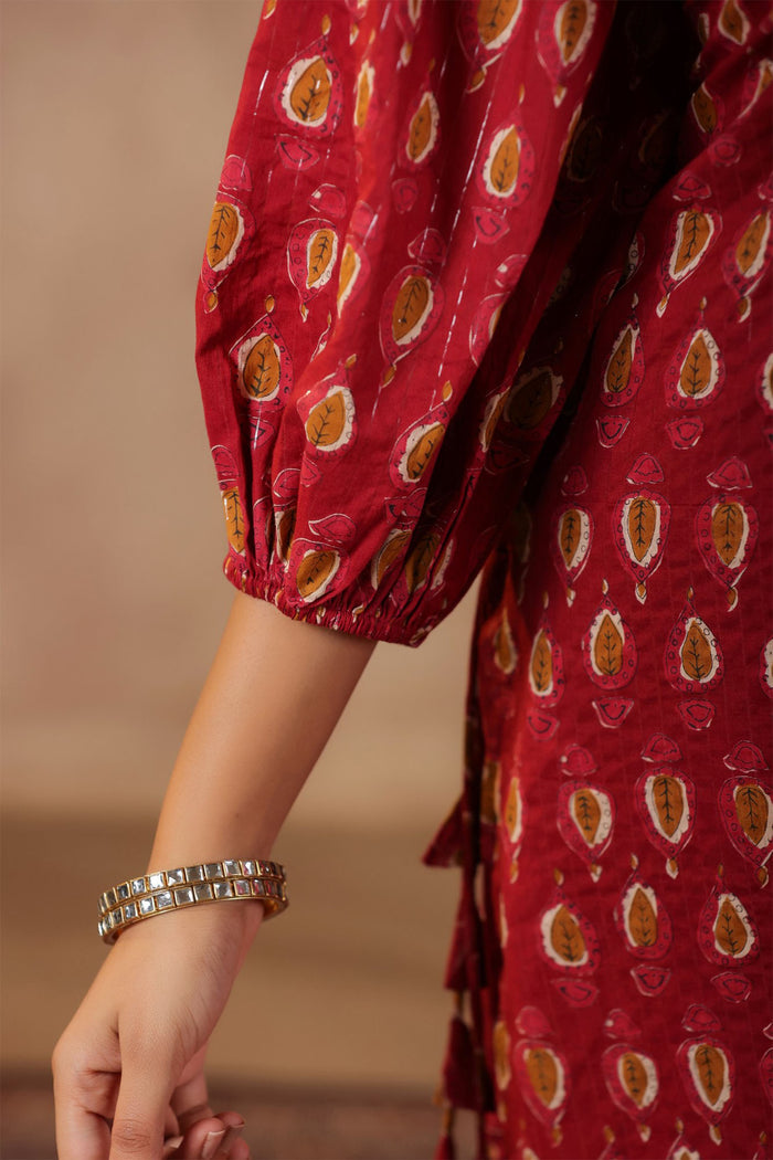 <img> Maroon Cotton Printed Kurti Set