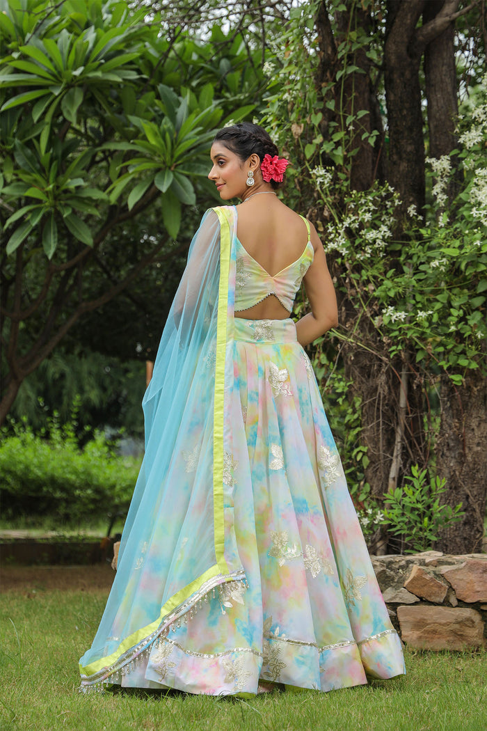<img> Multicolour Georgette Floral Embroidered Lehenga Set