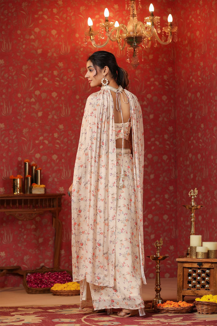 Pastel Cream Chinon Floral Printed Indo-Western Dhoti Set