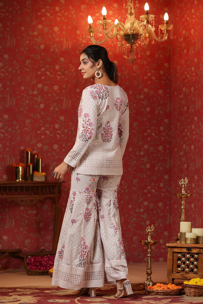 <img> Pinkish Cream Cotton Floral Printed Co-Ord Set