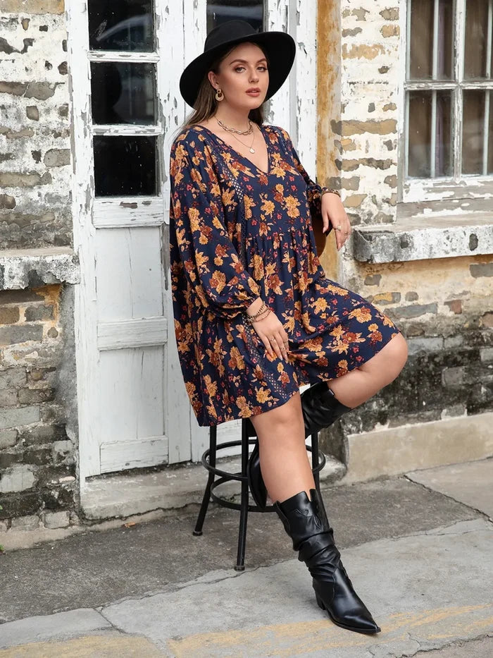 Plus Size Floral V-Neck Balloon Sleeve Dress - Dresses
