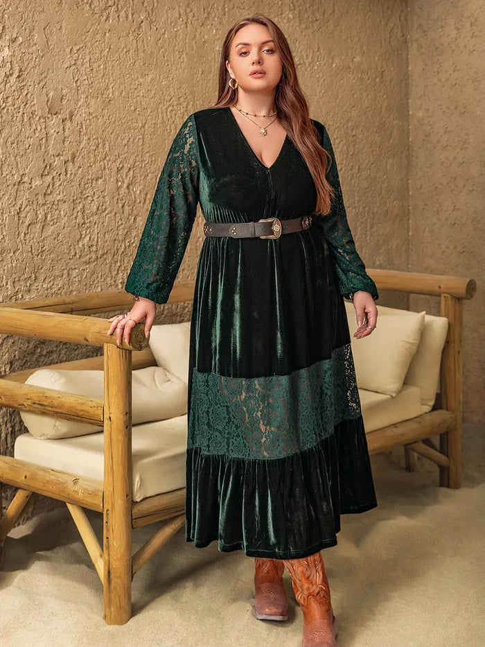 Plus Size Lace Patchwork V-Neck Balloon Sleeve Midi Dress - Dresses