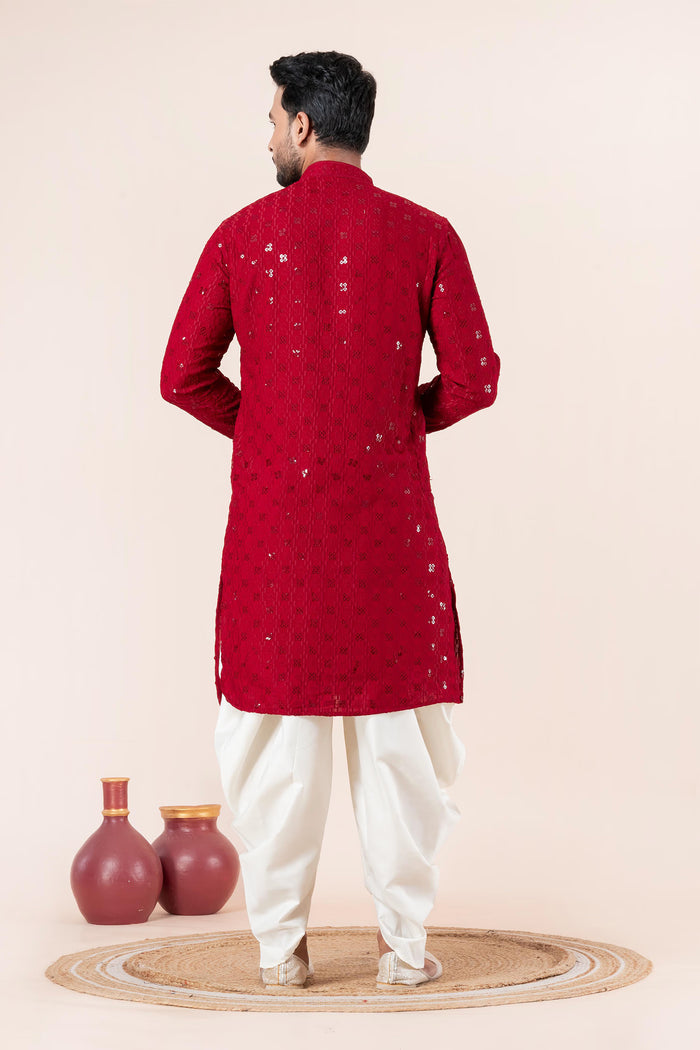 Red Cotton Silk Embroidered Dhoti Set