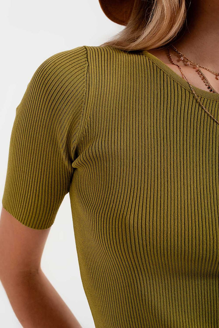 Rib knitted sweater with tie back in green