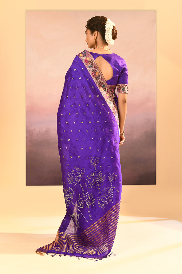 Rich Violet Dupion Silk Foil Printed Saree