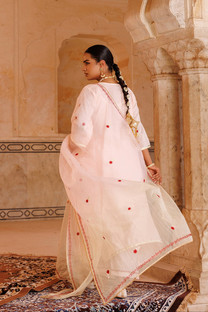 White Chanderi Salwar Set With Red Floral Motifs