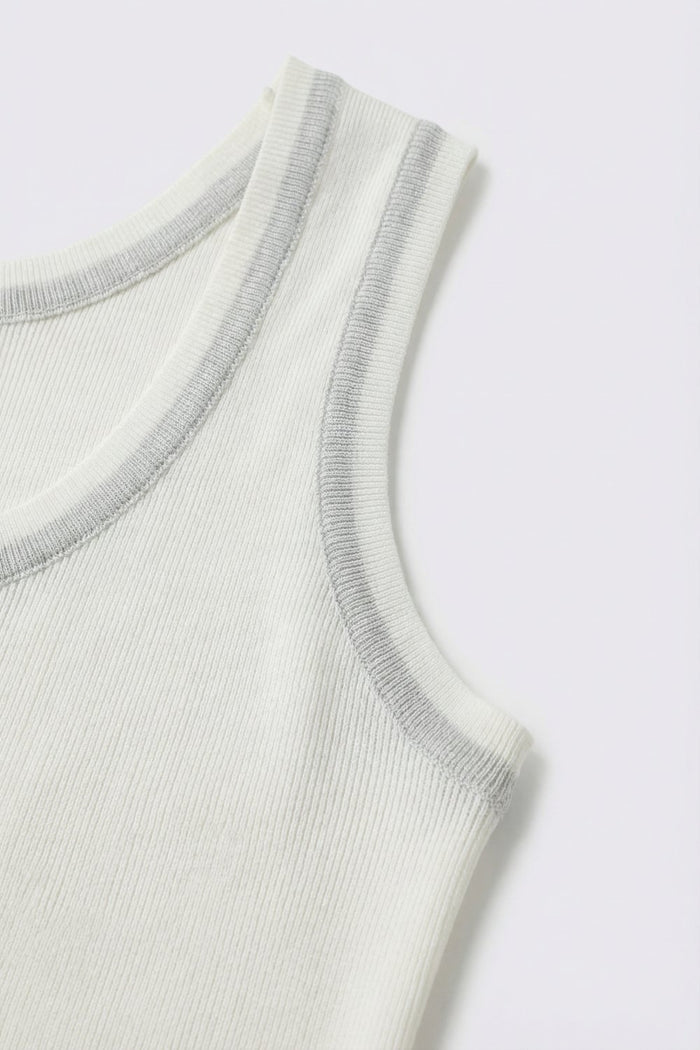 White Ribbed Knit Top with with Metallic Trim