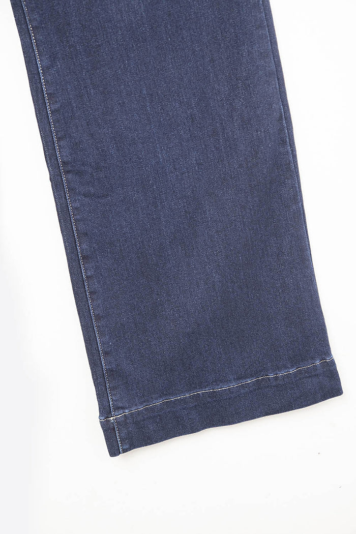 Wide-leg high-waisted jeans in dark denim with contrast stitching - Denim