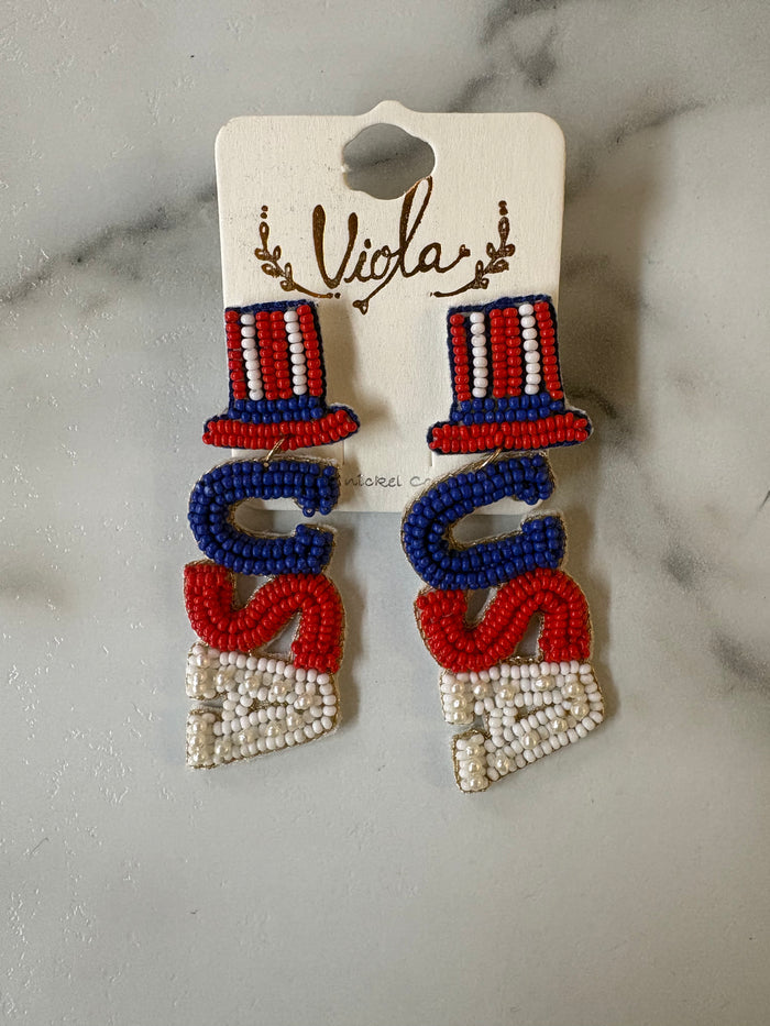 Beaded USA & Hat Drop Earrings