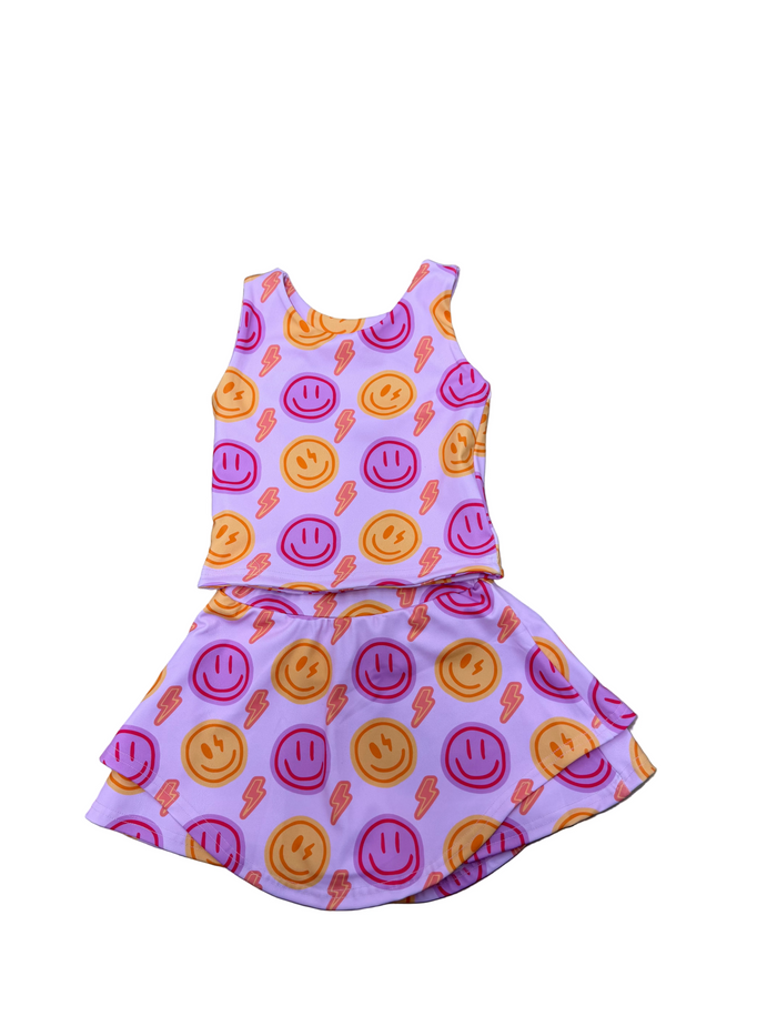 Blended Spirit-Printed Smiley's Athletic Skirt Set