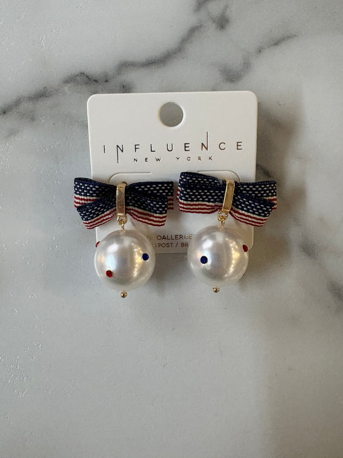 USA Flag Color Bow & Pearl Earrings