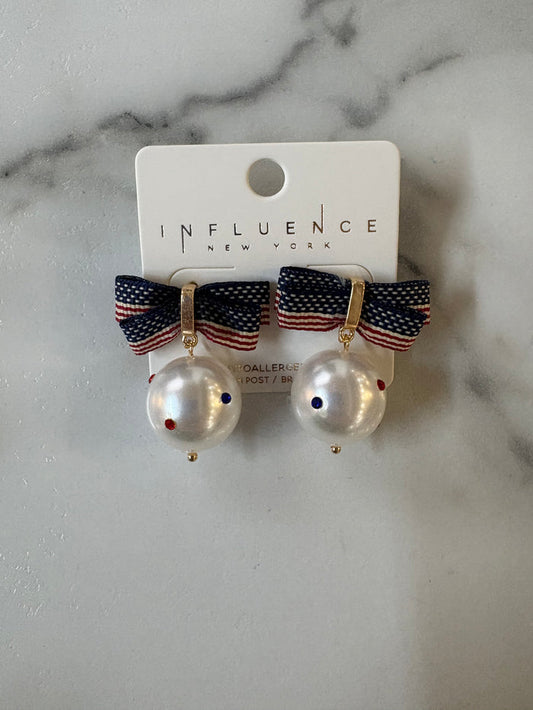 USA Flag Color Bow & Pearl Earrings