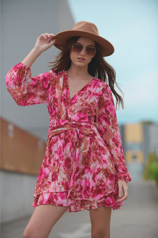 Abstract Print Mini V Neck Dress With Rouche at Waist - dress