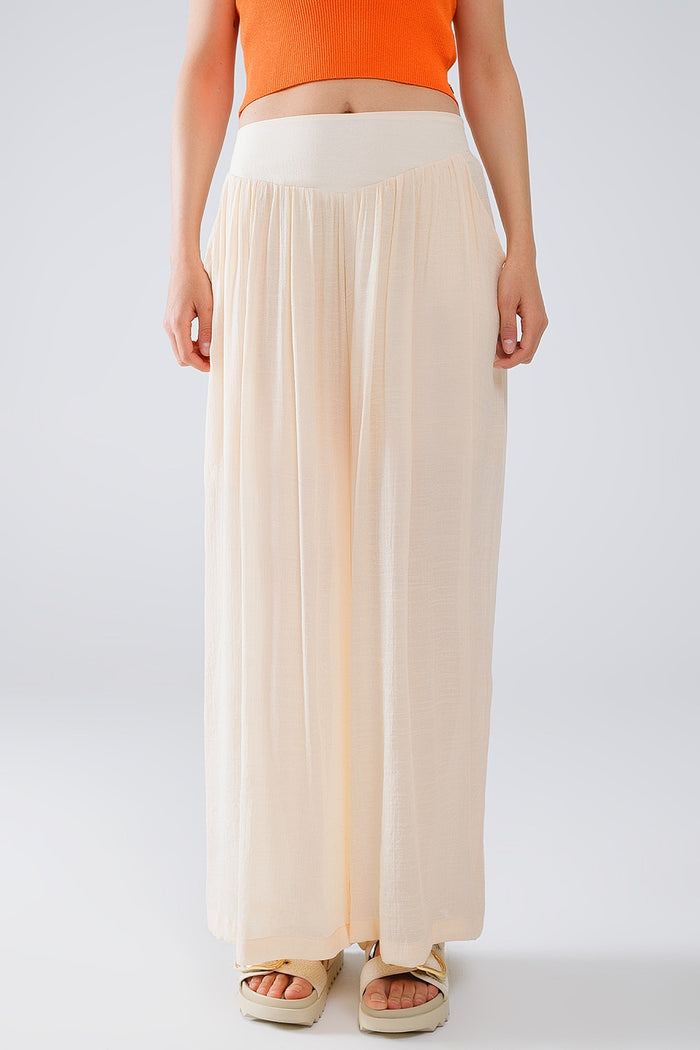Beige Palazzo style Pants With Side Pockets And Thick Waist Band - trousers