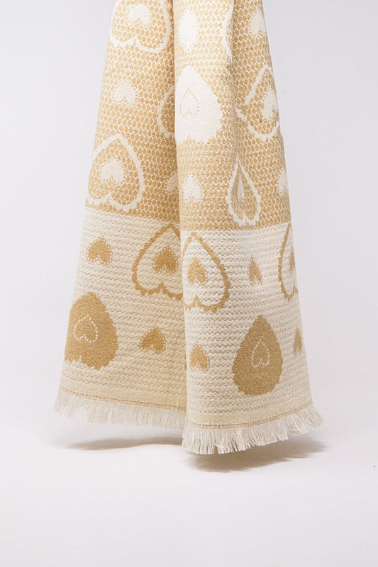 beige scarf with heart print and golden thread detail