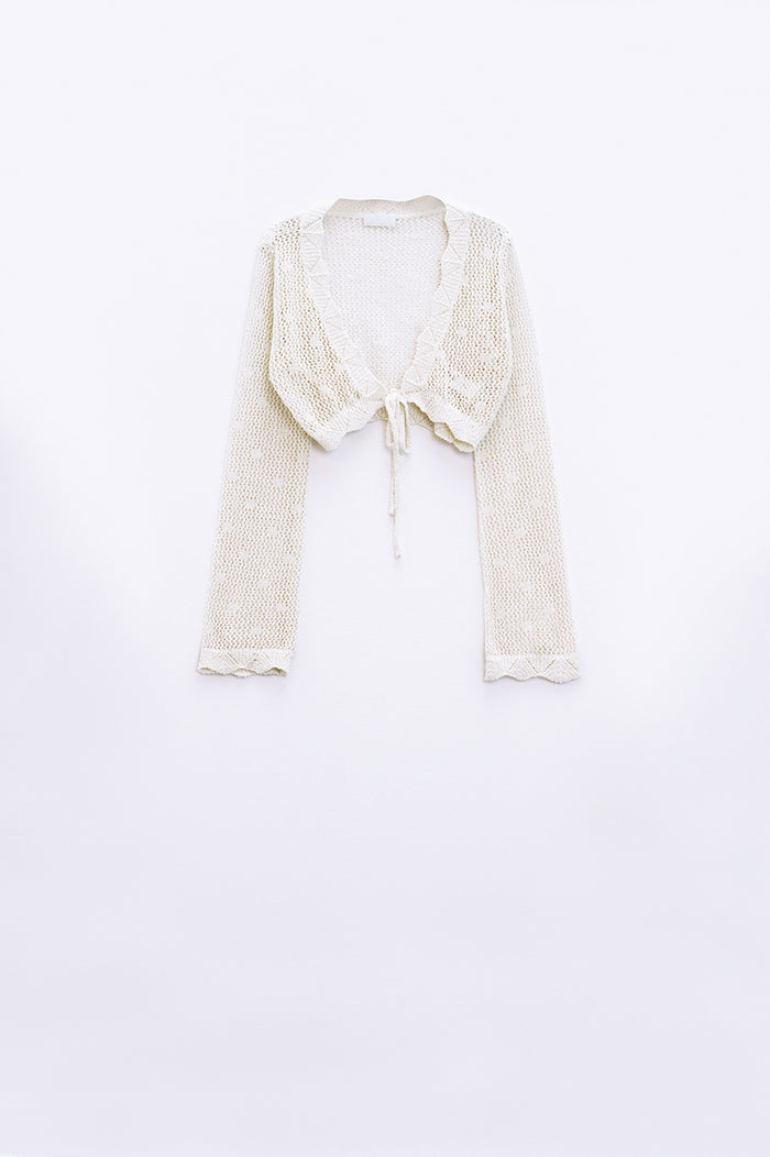 beige short crochet cardigan with lurex detail