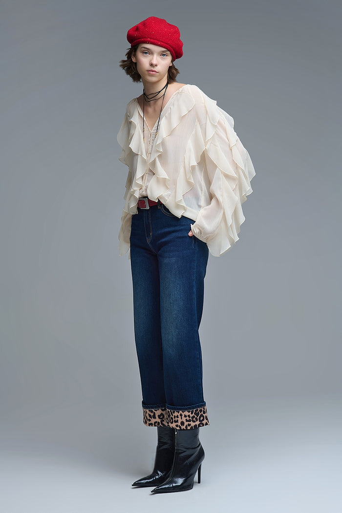 Beige V-Neck All Over Ruffle Blouse