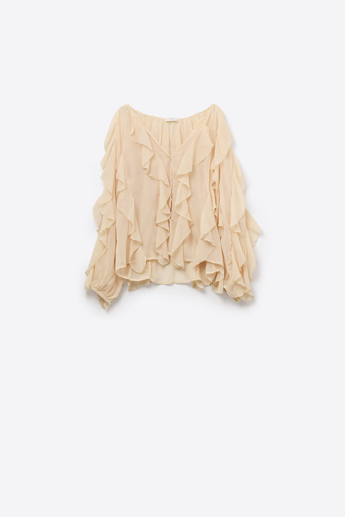 Beige V-Neck All Over Ruffle Blouse