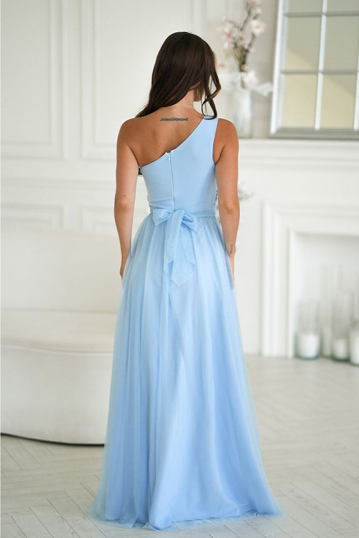 Bicotone Elegant One-Shoulder Dress with Floral Detail - Dresses