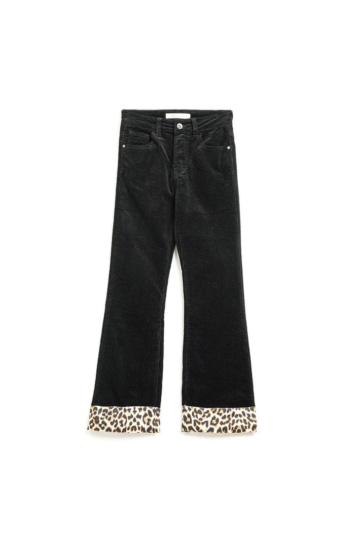 Black corduroy flare pants with leopard print at the bottom - trousers