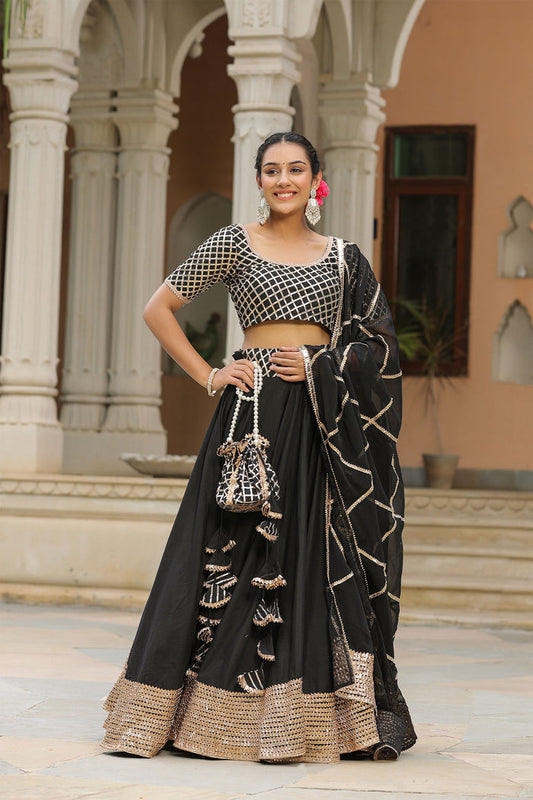 <img> Black Cotton Silk Gota Embroidered Lehenga Set