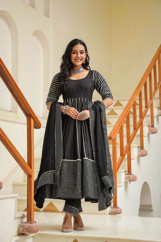 <img> Black Cotton Silk Gota Work Anarkali Set