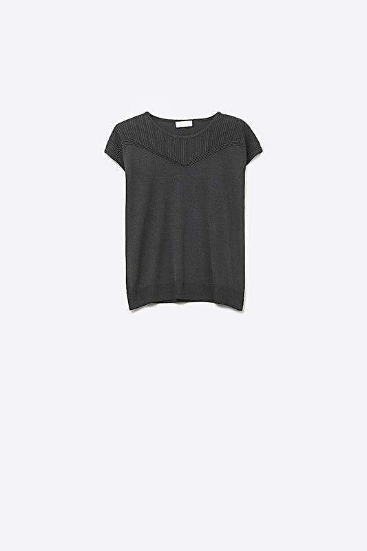 Black Knit Cap Sleeve Top with Textured Yoke Detail