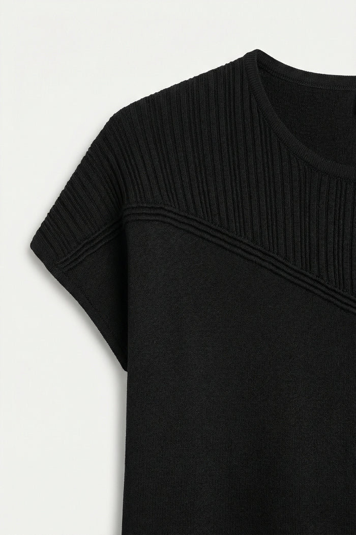 Black Knit Cap Sleeve Top with Textured Yoke Detail