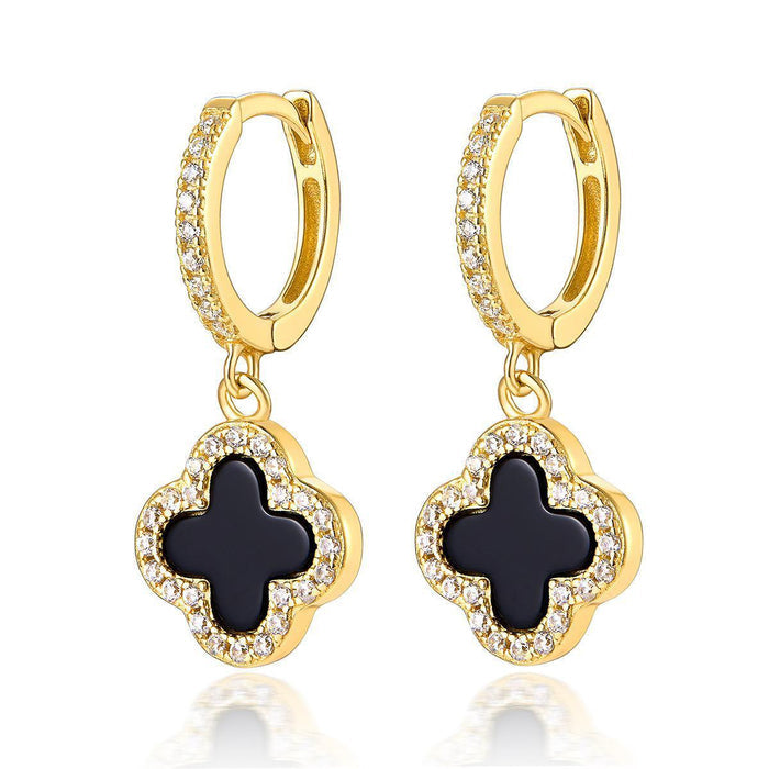 BLACK ONYX DIAMANTE CLOVER HUGGIE HOOP EARRINGS - camillaboutiqueshop