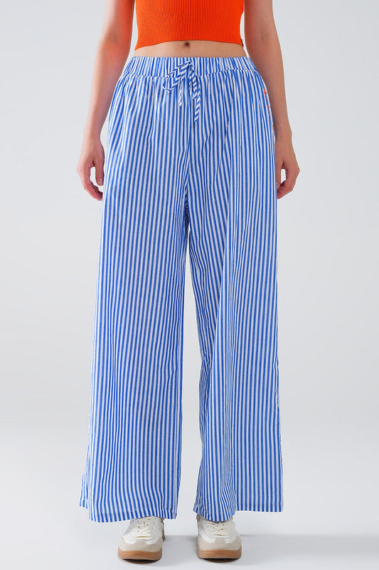 Blue Striped Pants with Elastic Waist and Pockets - trousers