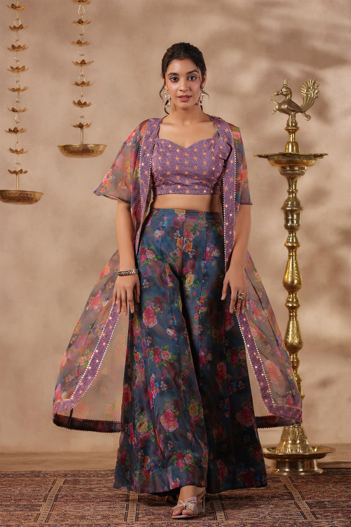 Bluish Grey Organza Floral Printed Indo-Western Co-Ord Set