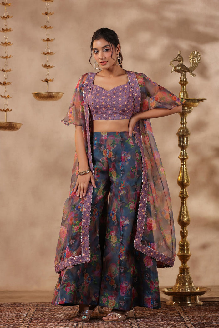 Bluish Grey Organza Floral Printed Indo-Western Co-Ord Set