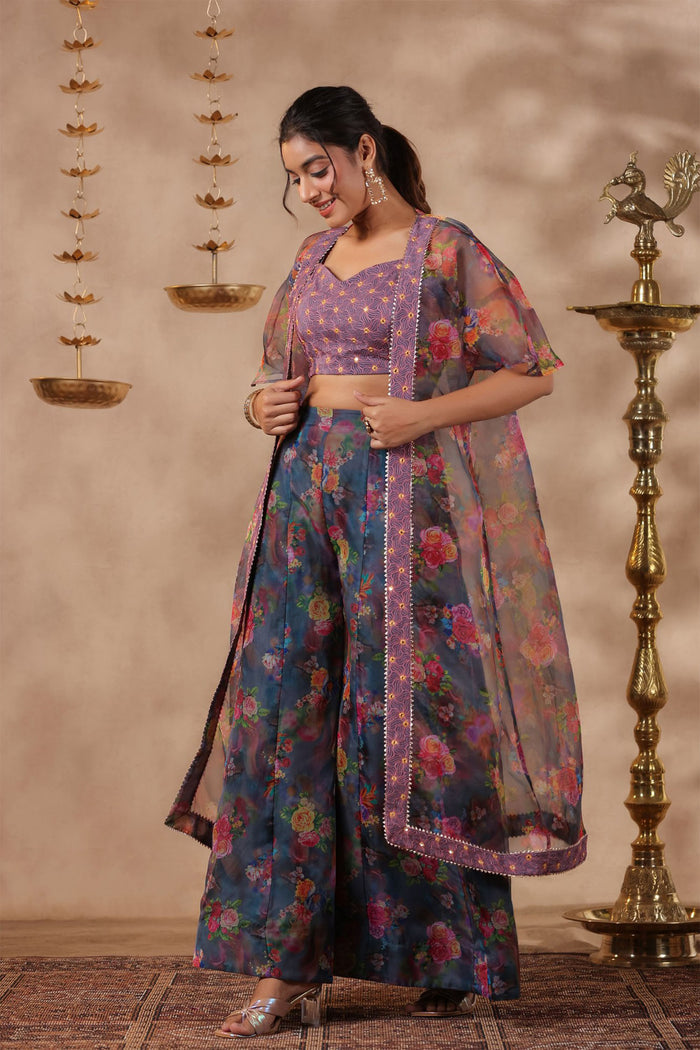 Bluish Grey Organza Floral Printed Indo-Western Co-Ord Set