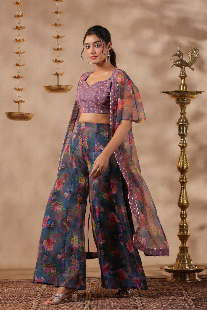 Bluish Grey Organza Floral Printed Indo-Western Co-Ord Set