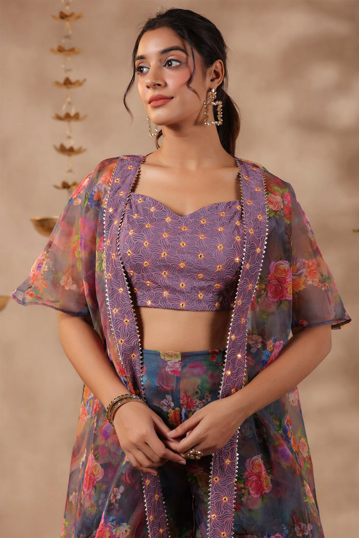 Bluish Grey Organza Floral Printed Indo-Western Co-Ord Set