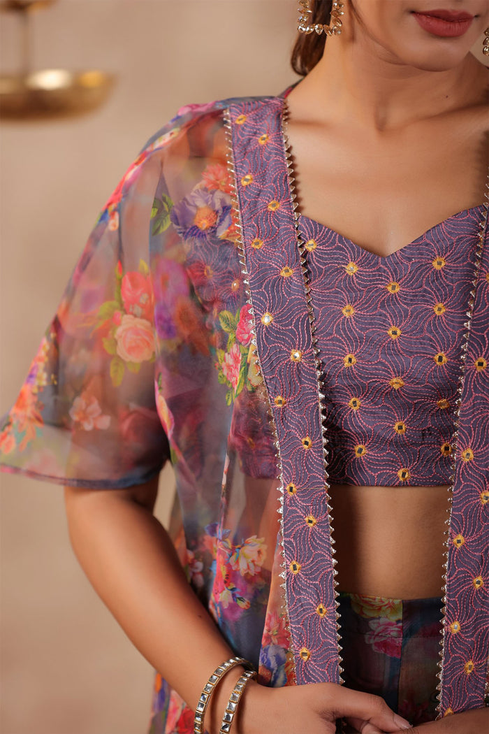 Bluish Grey Organza Floral Printed Indo-Western Co-Ord Set