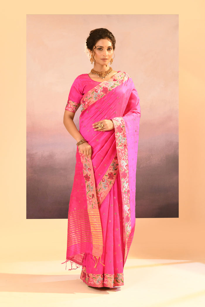 Bright Pink Dupion Silk Foil Printed Saree