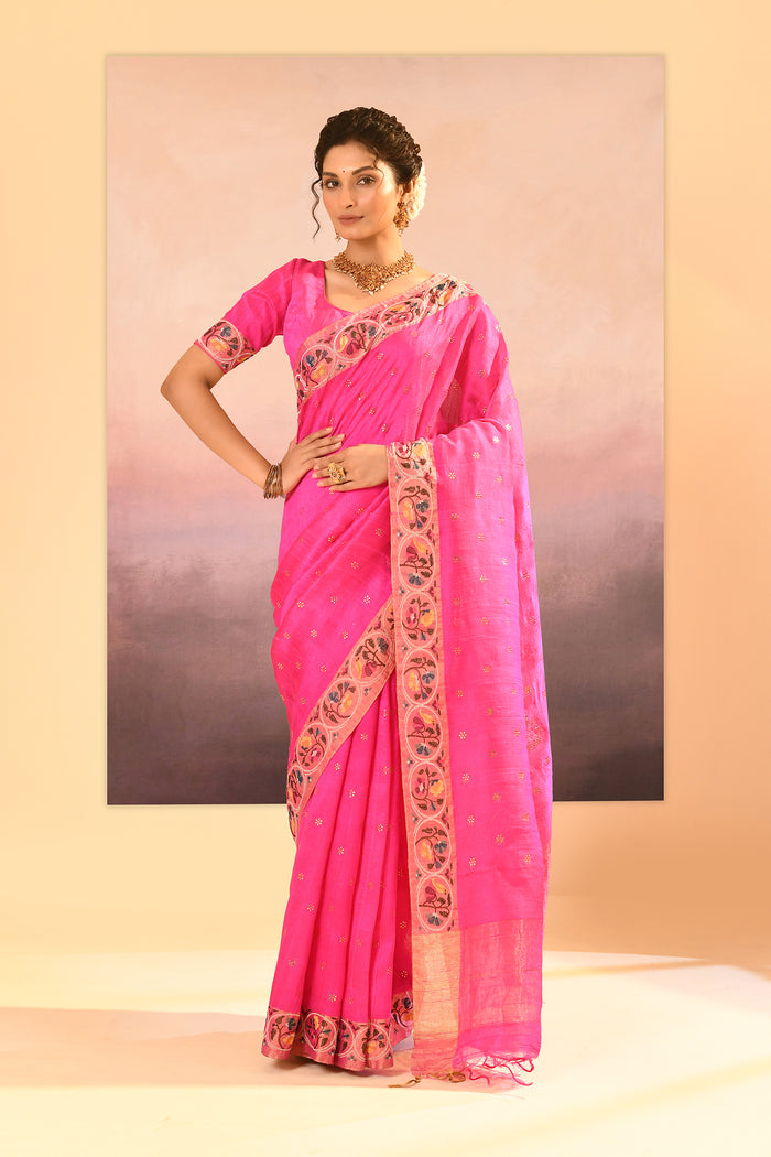Bright Pink Foil Printed Dupion Silk Saree