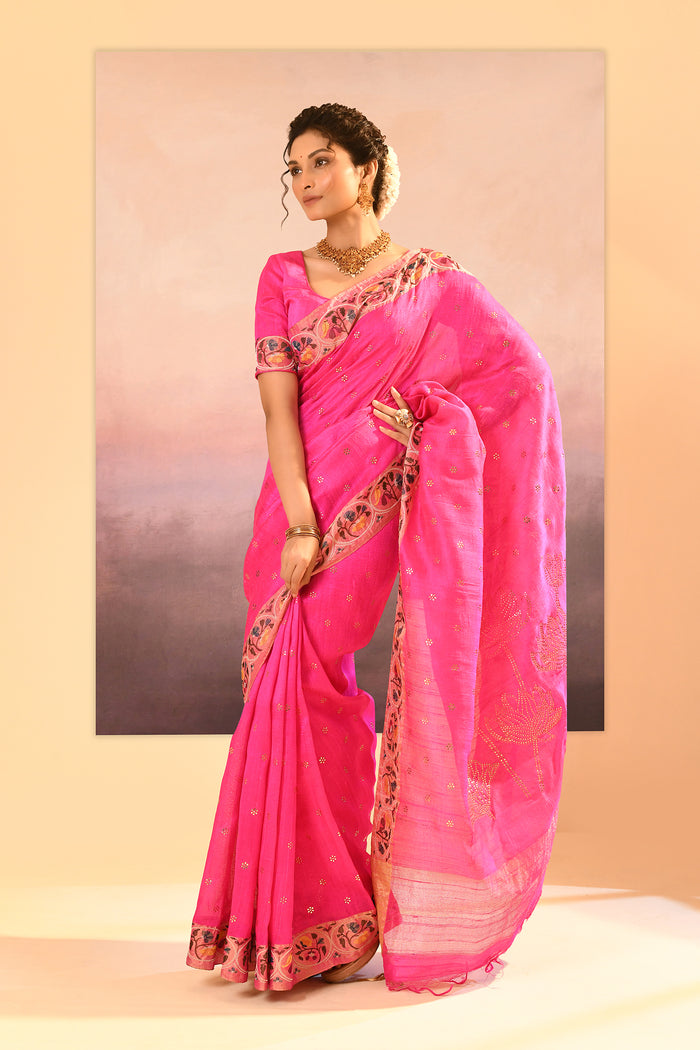 Bright Pink Foil Printed Dupion Silk Saree