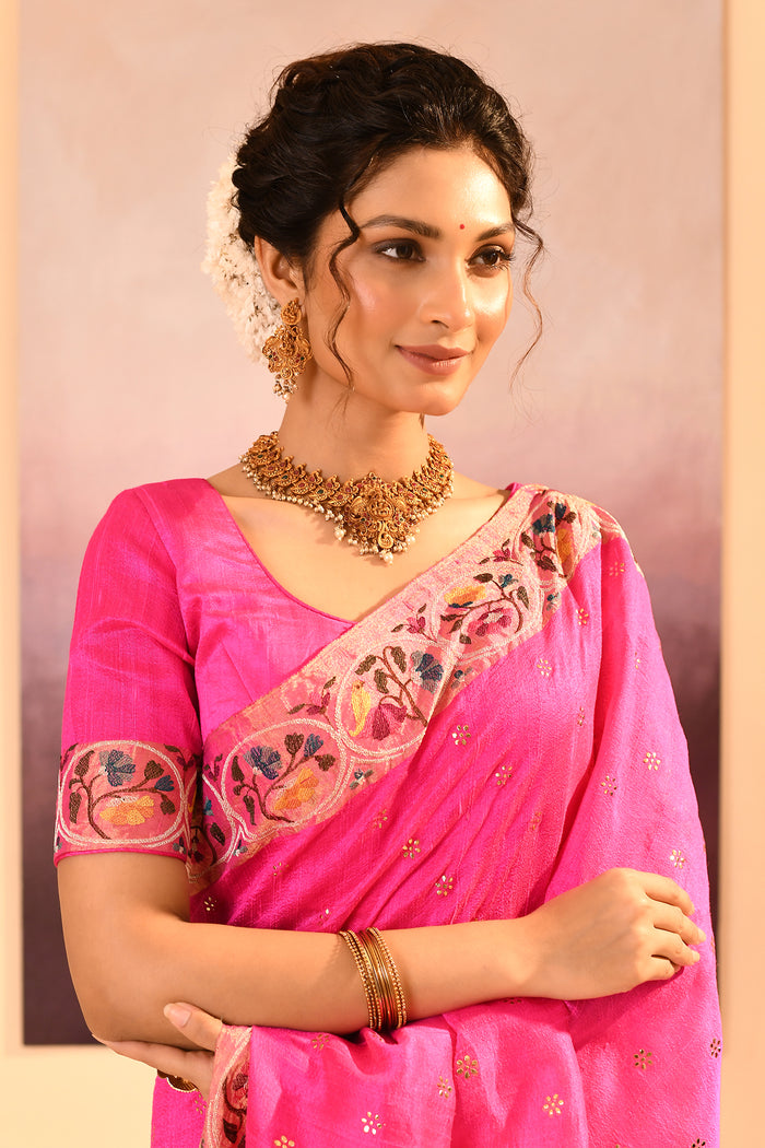 Bright Pink Foil Printed Dupion Silk Saree