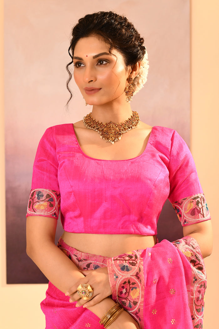 Bright Pink Foil Printed Dupion Silk Saree