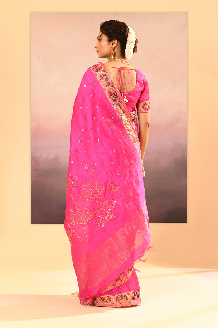 Bright Pink Foil Printed Dupion Silk Saree